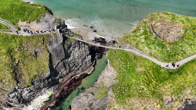 Drone footage of Carrick-A-Rede Rope Bridge in Northern Ireland, UK