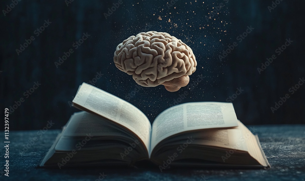 Poster A brain floating above an open book, symbolizing knowledge and intellect.