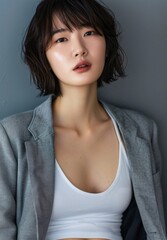 Obraz premium Portrait of a beautiful asian korean woman with a short hair in a grey suit. fashion model
