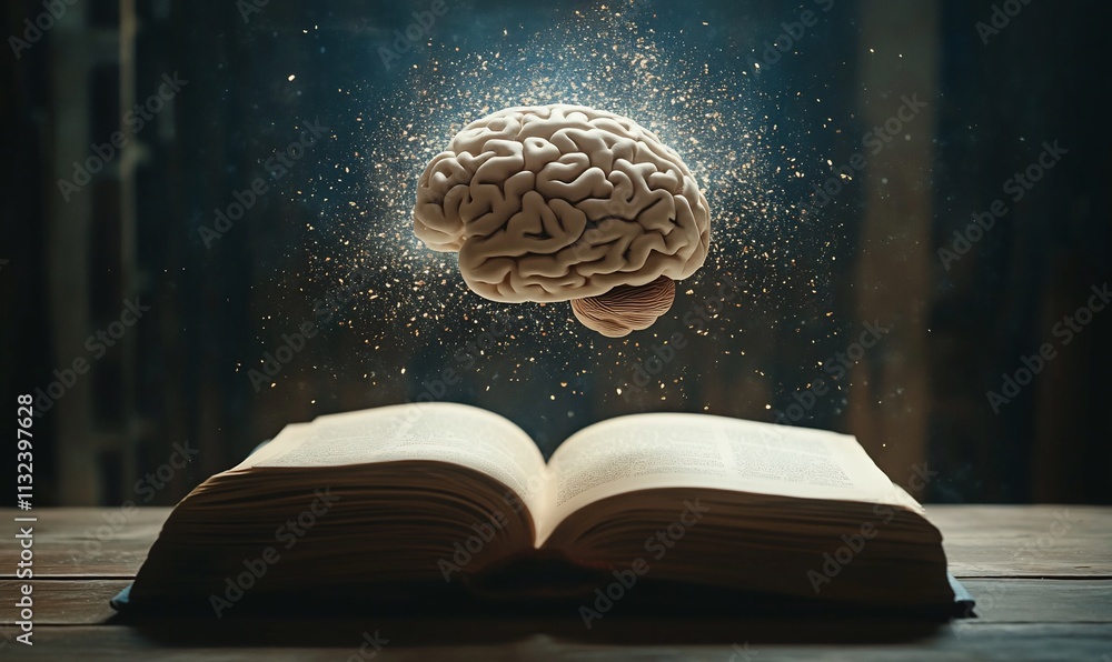 Poster a brain hovers above an open book, symbolizing knowledge and enlightenment.
