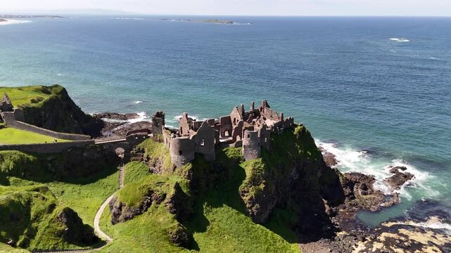Aerial view of Dunluce Castle in Northern Ireland, UK