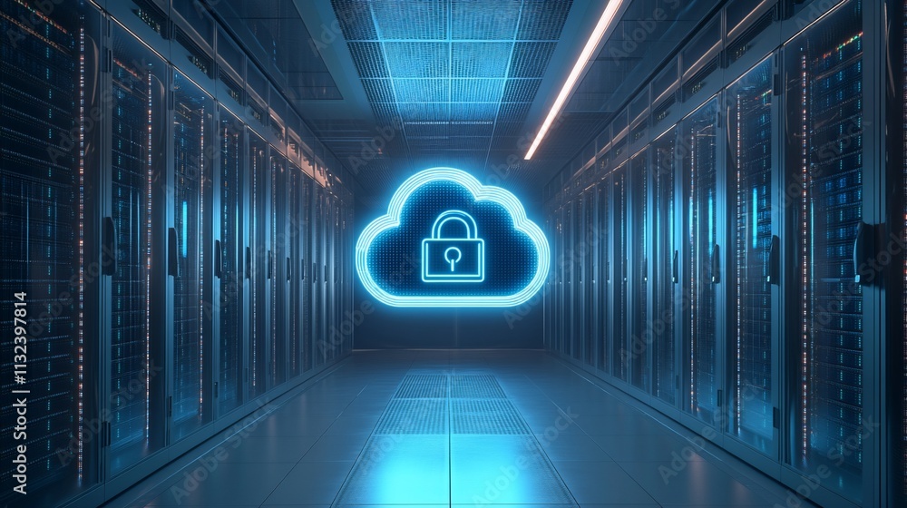Poster a digital cloud with a lock symbol in a server room, representing cybersecurity.
