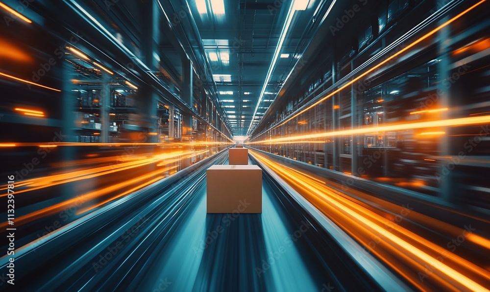 Aufkleber a dynamic view of a package moving through a high-tech warehouse.