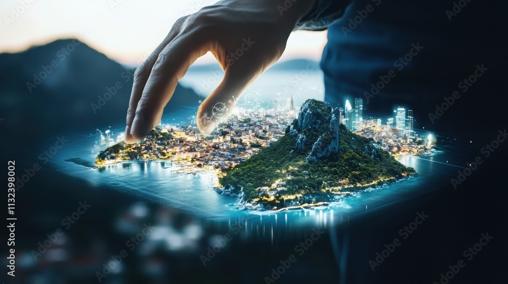 Poster exploring new cultures a traveler's hand engaging with ai-powered language translation software in a