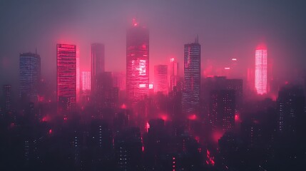 Fototapeta premium Futuristic city skyline shrouded in pink fog at night.