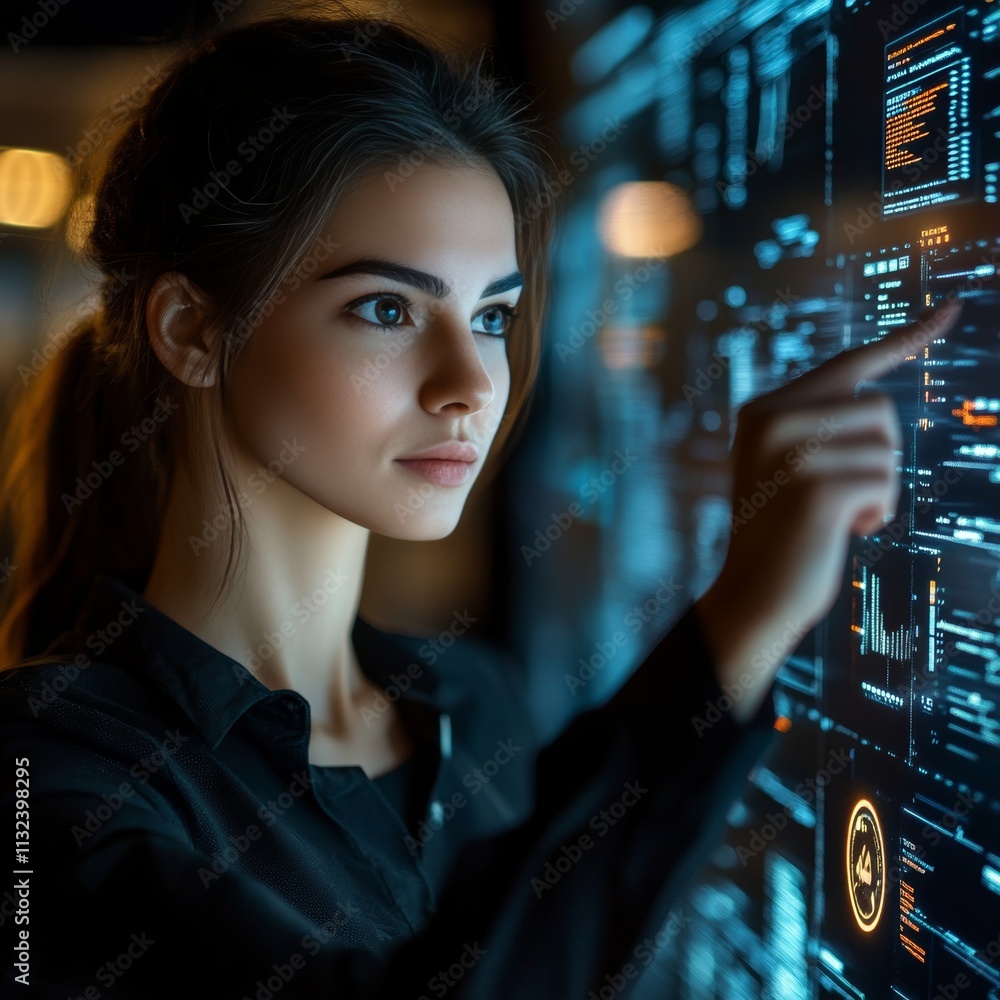 Poster focused data scientist analyzing information on interactive digital screen, modern tech environment