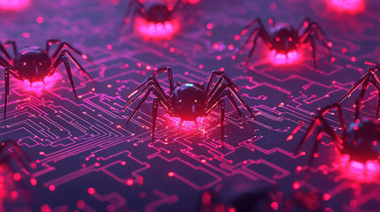 Digital spiders crawling on glowing circuits, symbolizing malware and cyber threats. vibrant red highlights create sense of urgency and danger in tech world