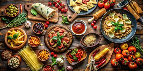 Fototapeta premium Top Down View Italian Feast: Vintage Style Food Photography, Delicious Side Dishes & Sauces