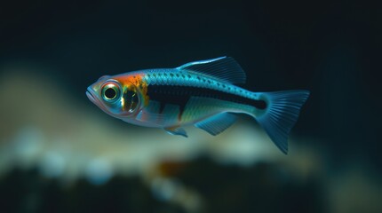 Fototapeta premium In a serene underwater environment, a neon tetra glides effortlessly through the aquarium. Its bright colors shimmer while it explores the rocky substrate and lush plants
