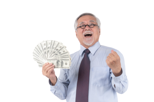 Business senior rich man Asian senior man , old man ,holding money US dollar bills in hand isolated on a transparent background , senior success business concept