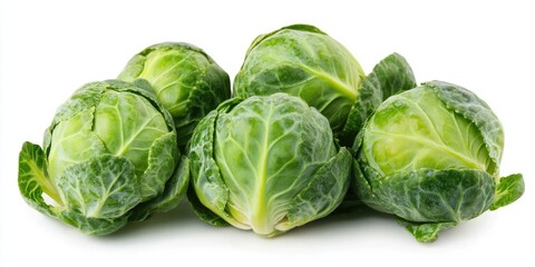 Fototapeta premium Fresh green Brussel sprouts displayed in isolation on a clean white background. These cabbage plants offer a top view, showcasing the vibrant green color and texture of the Brussel sprouts.