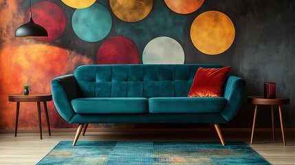 A compact teal loveseat sofa with modern lines and wooden legs, flanked by retro-style side tables,...