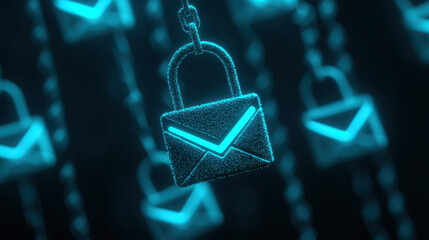 Secure email lock icon with glowing blue elements, representing cybersecurity and phishing protection. This digital illustration emphasizes importance of online safety and data security