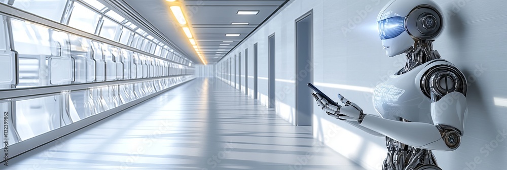 Poster futuristic android using smartphone, standing in corridor of modern building, advanced technology.