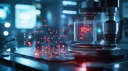 A futuristic science experiment with glowing particles and a sleek metallic background