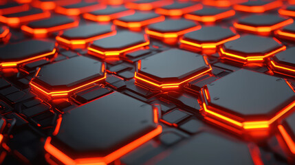 Fototapeta premium glowing hexagonal pattern with vibrant red edges creates futuristic atmosphere, showcasing sleek and modern design. intricate arrangement highlights technology and innovation