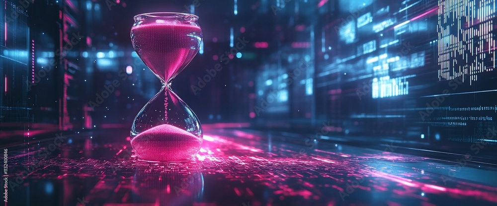 Poster a futuristic hourglass surrounded by digital elements and glowing particles.