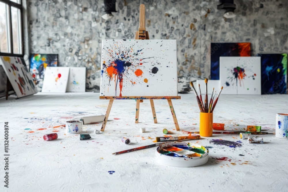 Poster creating a whimsical art studio scene with colorful brushes and canvases in a textured environment f
