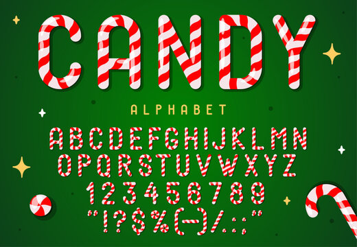 Candy cane font, Christmas lollipop typeface, xmas caramel type, holiday sweet alphabet with numbers and symbols. Vector festive sweet striped typeface letters, numerals and signs evokes New year joy