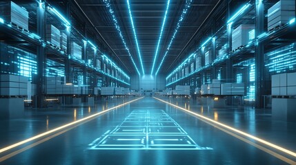 A futuristic warehouse with glowing blue lights and organized shelving.