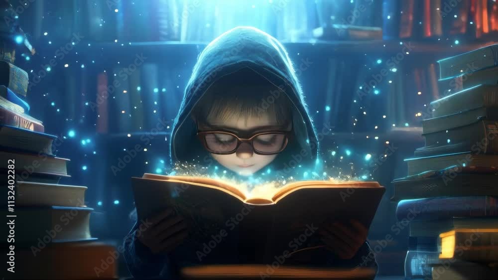 Poster a hooded child with glasses reads a glowing book in a library, surrounded by floating lights. ideal 