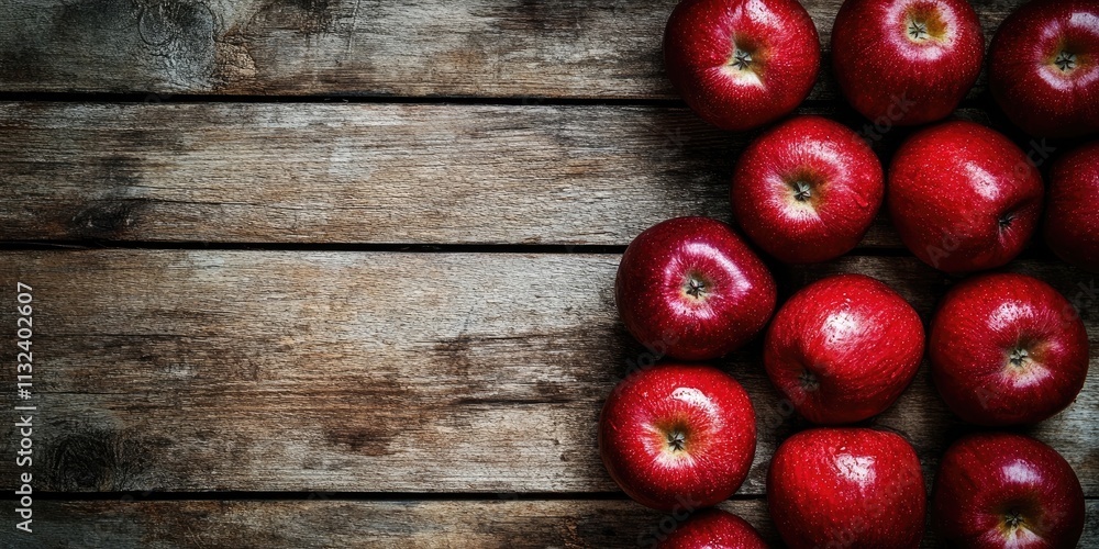 Poster red apples artfully arranged on a rustic wooden background create a visually appealing composition. 