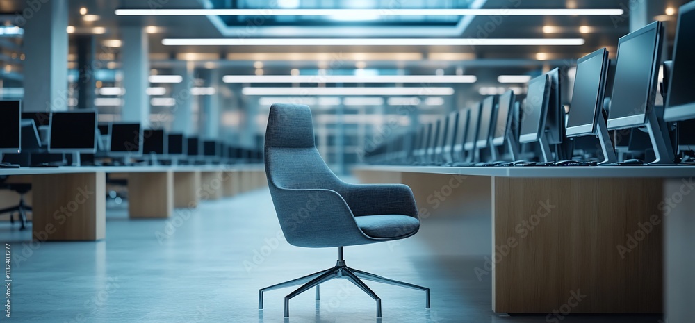 Poster a modern office space featuring a chair and rows of computer workstations.
