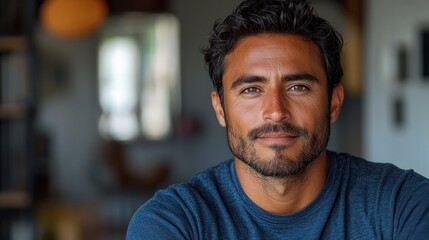 Obraz premium Confident man with wavy hair and beard in natural light setting Generative AI