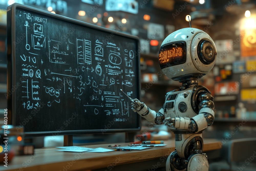 Poster a robot is standing in front of a blackboard with a chalkboard