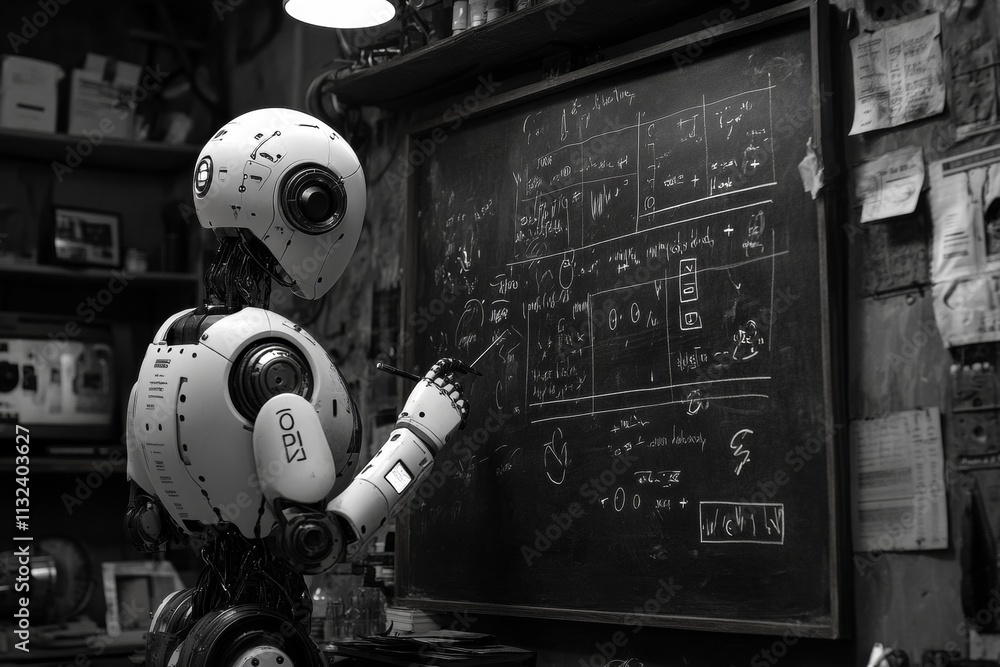 Poster a robot is standing in front of a blackboard with a chalkboard