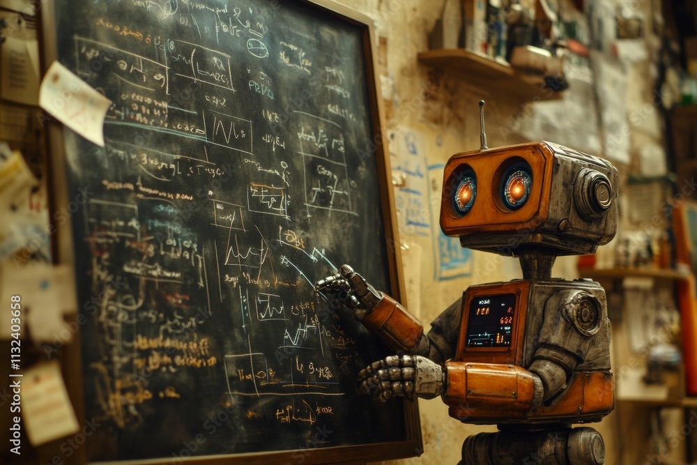 Poster a robot is standing in front of a blackboard with a chalkboard