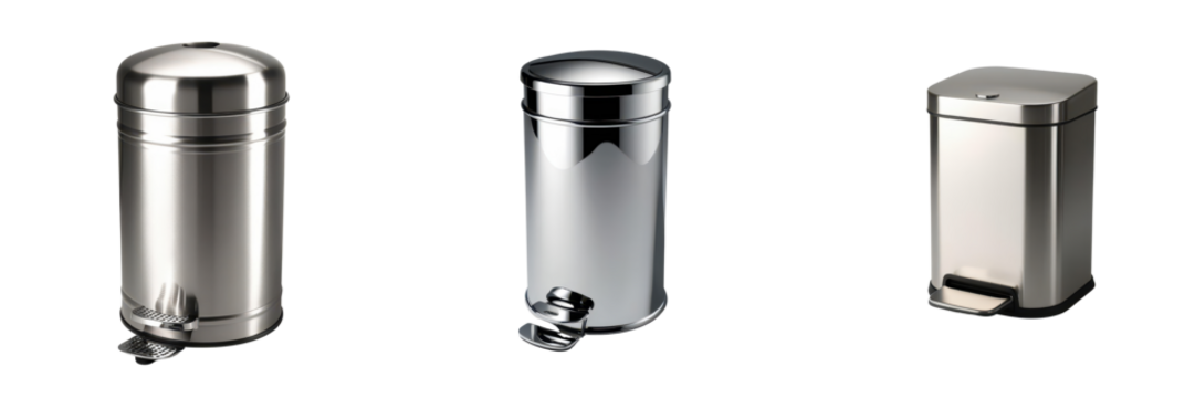 Three modern, metallic pedal bins with sleek designs and varying heights, showcasing a stylish approach to waste disposal.