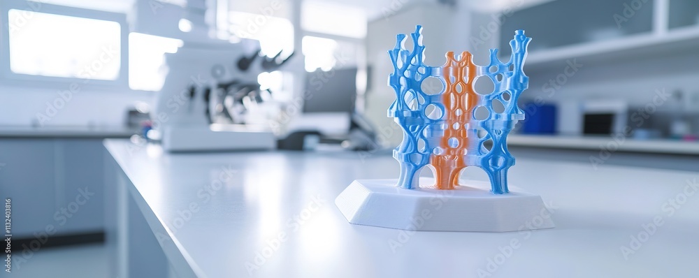Poster colorful dna model on lab table with microscope in background