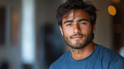 Obraz premium Young man with tousled hair and beard wearing a casual shirt in a softly lit indoor setting Generative AI