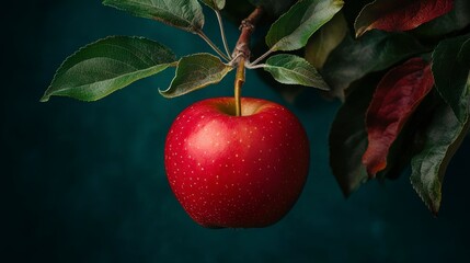 Obraz premium Fresh Red Apple Hanging from a Branch Surrounded by Vibrant Green Leaves Against a Dark Background Ideal for Healthy Eating or Nature-Themed Projects