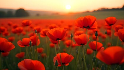 Fototapeta premium The image features a stunning field of bright red poppies in full bloom, creating a vibrant carpet of color that stretches across the landscape. The flowers are plentiful and varied in height 