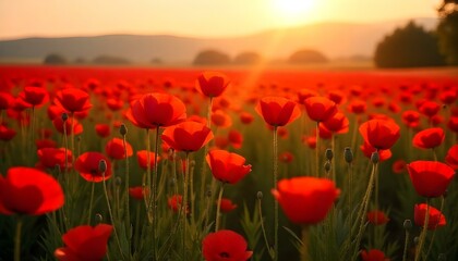 The image features a stunning field of bright red poppies in full bloom, creating a vibrant carpet of color that stretches across the landscape. The flowers are plentiful and varied in height
