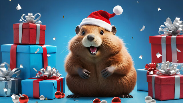 Funny cartoon Santa beaver in red Santa hat with blue and red xmas gifts with silver bows and some glittering confetti , blue background and copy space. Bober kurwa meme.