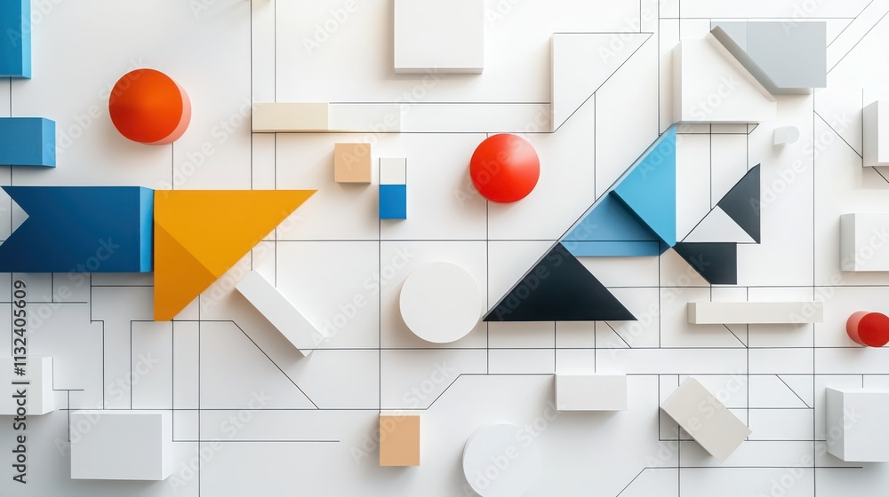 Poster creating playful modern art a vibrant arrangement of colorful geometric shapes on white background c