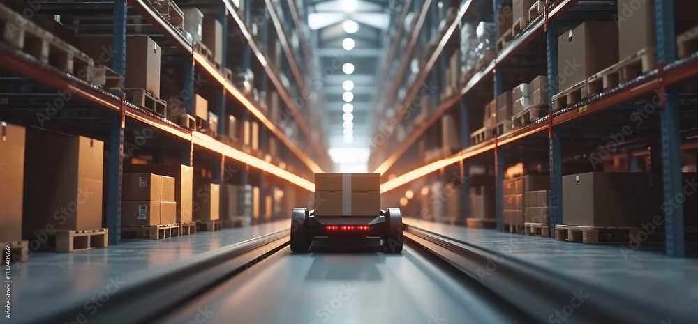 Poster a robotic vehicle transporting packages in a warehouse setting.