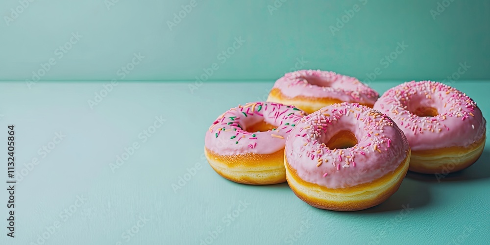 Poster isolated donuts are displayed on a green backdrop, showcasing the delightful and colorful appearance