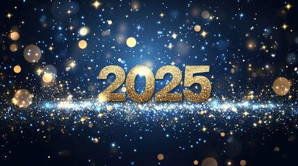 Happy New Year card design with golden text "2025" on a blue background with glitter, bokeh lights, and sparkles. 