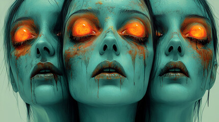 Three Faces of a Teal Woman with Fiery Eyes