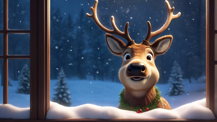 Christmas reindeer in the snow looking through the window with snowy evening winter background, copy space for text