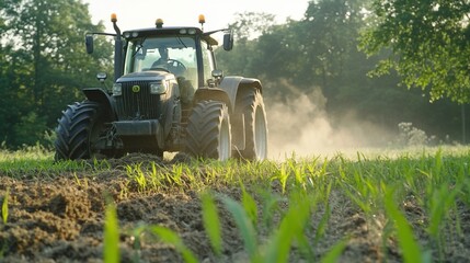 Fototapeta premium Tractor working in a field with growing crops and dust.
