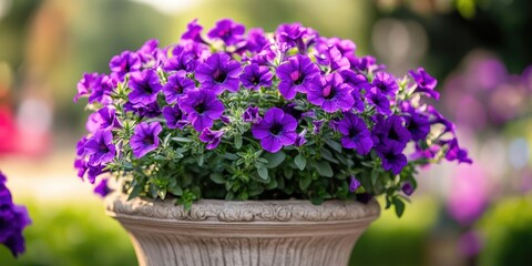 Home garden inspiration featuring stunning purple Petunia flowers adorned with a white border, beautifully blooming in a pot, perfect for enhancing any garden space or decorative setup.