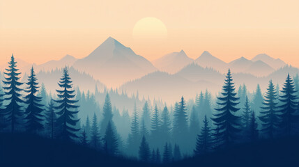 Misty landscape with fir forest in vintage retro style wallpaper, background