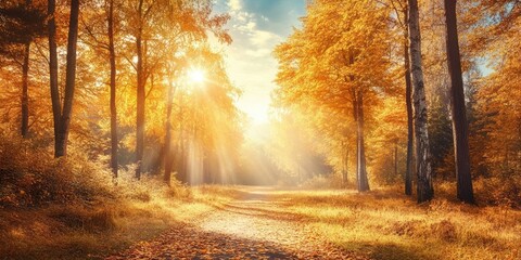 Obraz premium Stunning nature landscape showcasing golden trees under the sun during fall season, capturing the essence of beautiful nature. Experience the vibrant hues in this enchanting nature landscape.