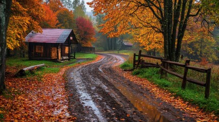 Fototapeta premium Autumnal Country Road with Cozy Cabin