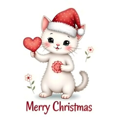Playful white Kitten with heart icon in Santa Hat Forming a Heart with Flowers - Watercolor Christmas Artwork